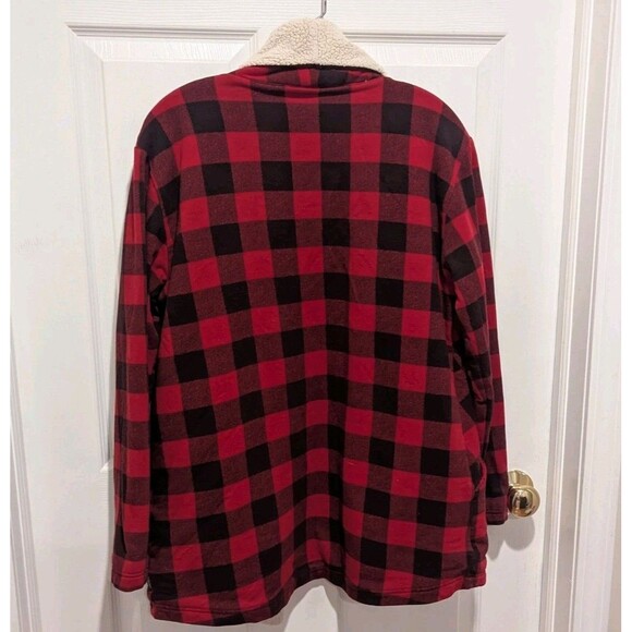Eddie Bauer Women’s Medium Red Buffalo Plaid Open Front Sherpa Lined Cardigan - Picture 4 of 7